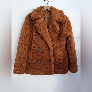 Free People Sherpa Teddy Pea Coat Oversized Burnt Orange Brown Jacket Y2K XS
